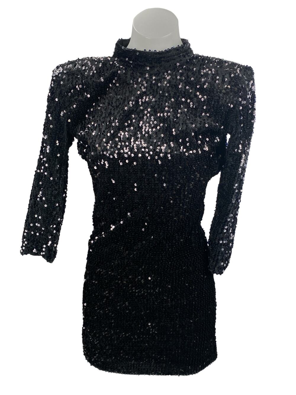 Zara Black Sequin Sparkly Mock Neck Backless Long Sleeve Mini Sheath Dress Sz XS